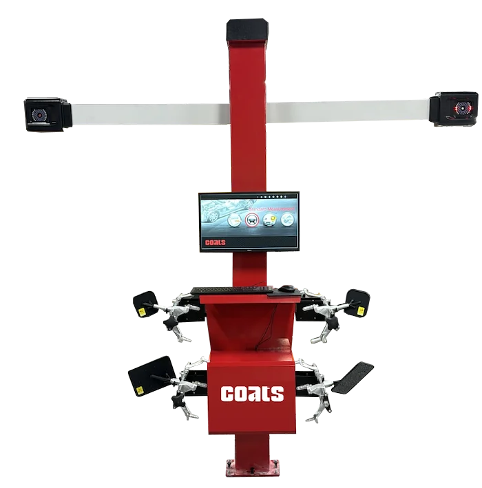 Front view of Coats CWA6000 alignment machine in red with silver tracking beam