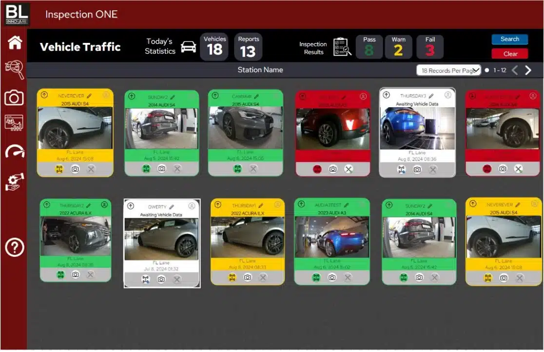 screengrab of a grid of vehicles and their inspection lane results