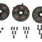 3 black plates with black and red gear plates are laid side by side. Below the 3 plates are 4 sets of 6 tips that are different lengths and shapes