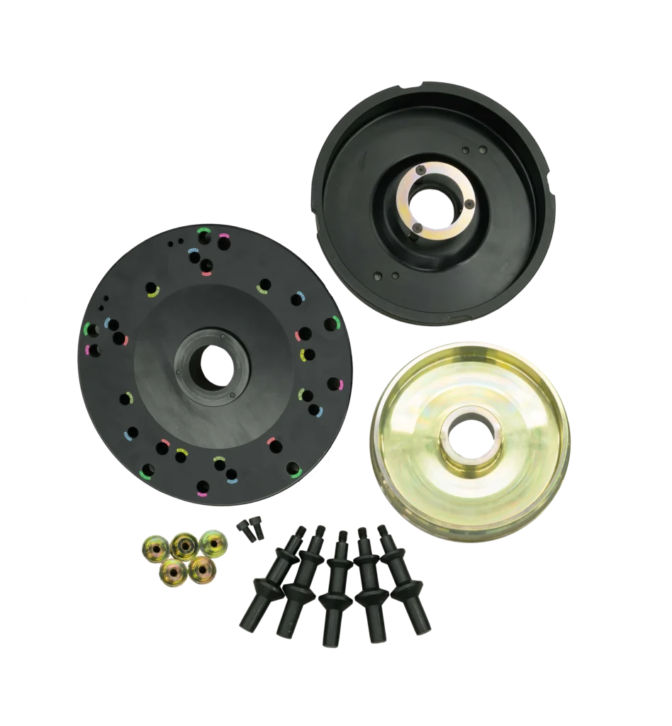 set of 5 pins and nuts, gold colored collet, aspacer disk, and a pin plate with color coordinated bolt patterns for medium truck wheels on a 40mm wheel balancer machine