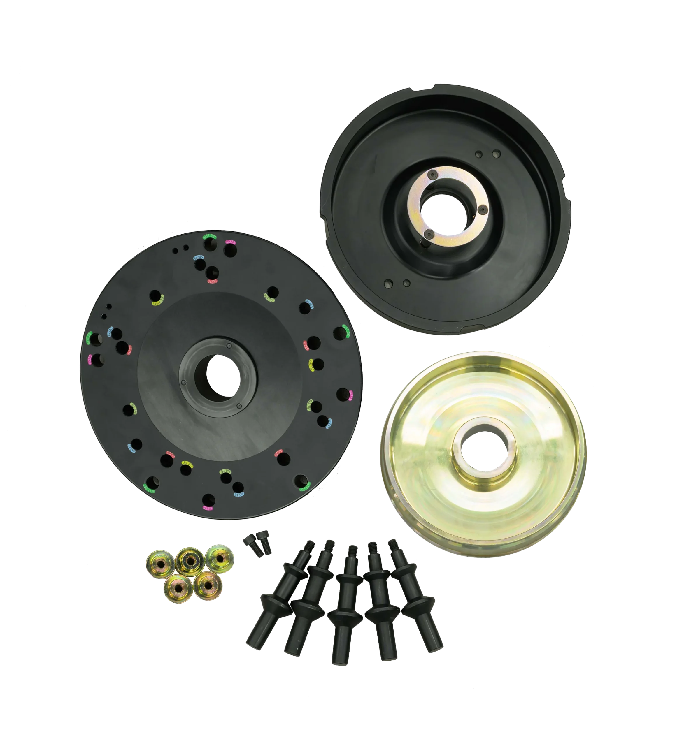 set of 5 pins and nuts, gold colored collet, aspacer disk, and a pin plate with color coordinated bolt patterns for medium truck wheels on a 40mm wheel balancer machine